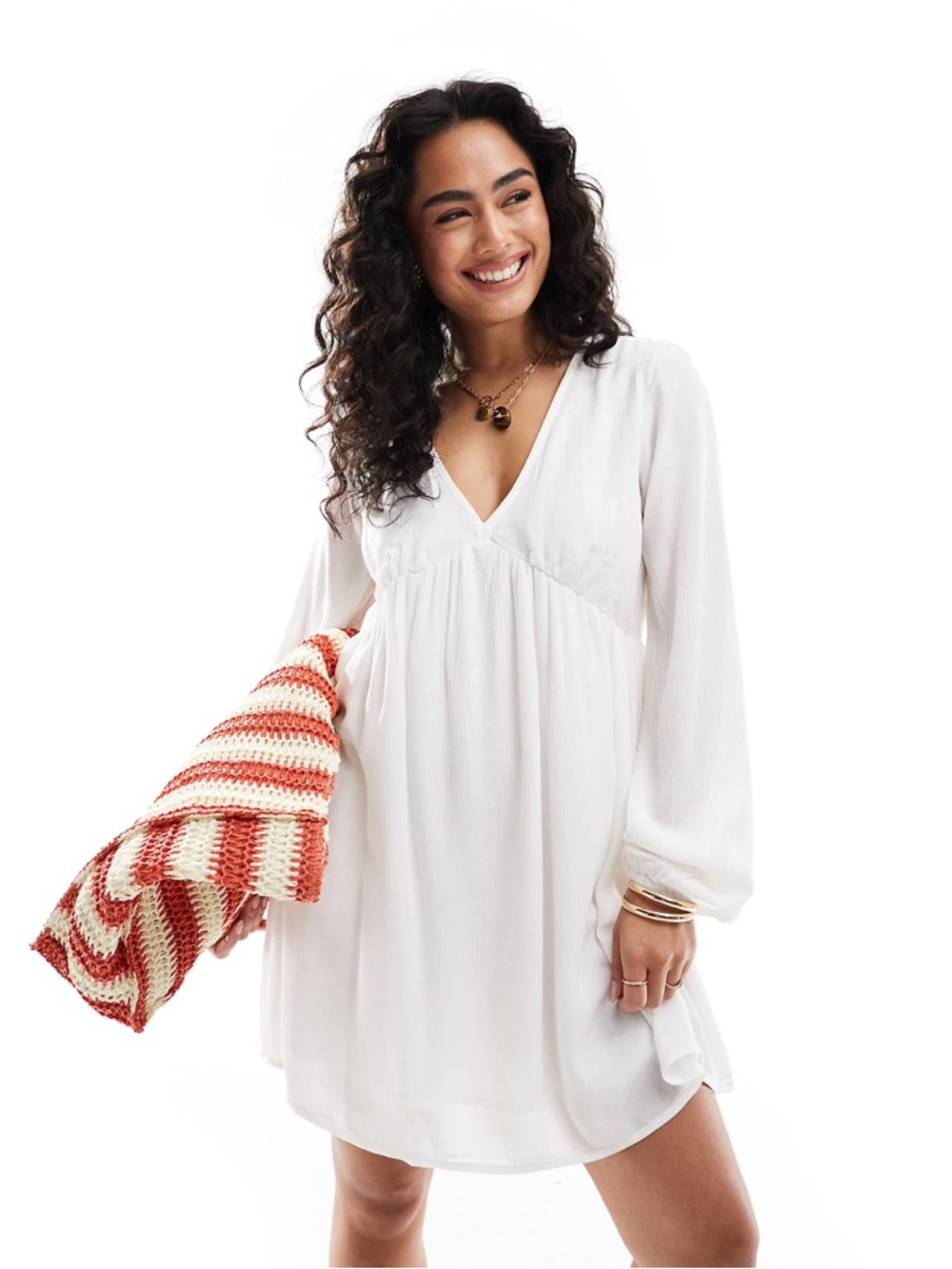 ONLY wide sleeve plisse mini dress in white